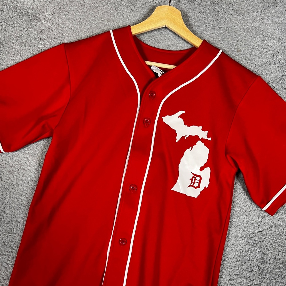 Baseball Jersey Mens S Red Excellent Michigan Detroit Graphic Button Up